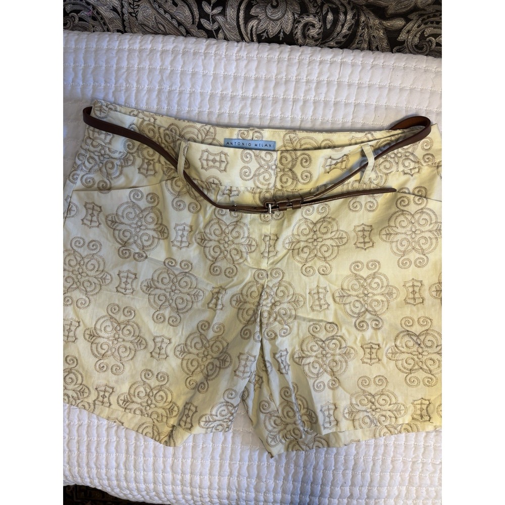 Antonio Melani Gold Embroidered Shorts, Pale Yellow And Gold, With Belt, 12